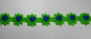 1" Venice Lace Daisy Trim Col. Lime / Blue - Put up: 10 Continuous Yards