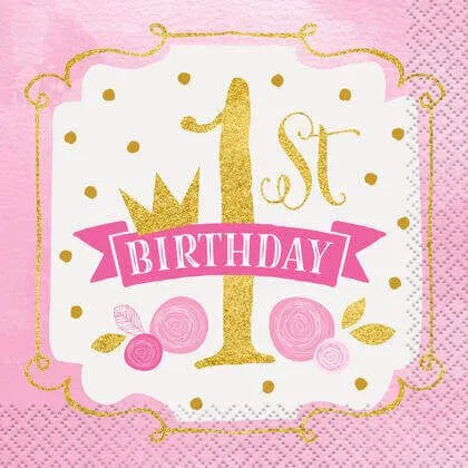 5" 1st Birthday Beverage Napkins - Pink & Gold (16ct)