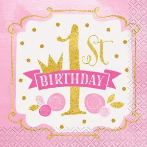 5" 1st Birthday Beverage Napkins - Pink & Gold (16ct)