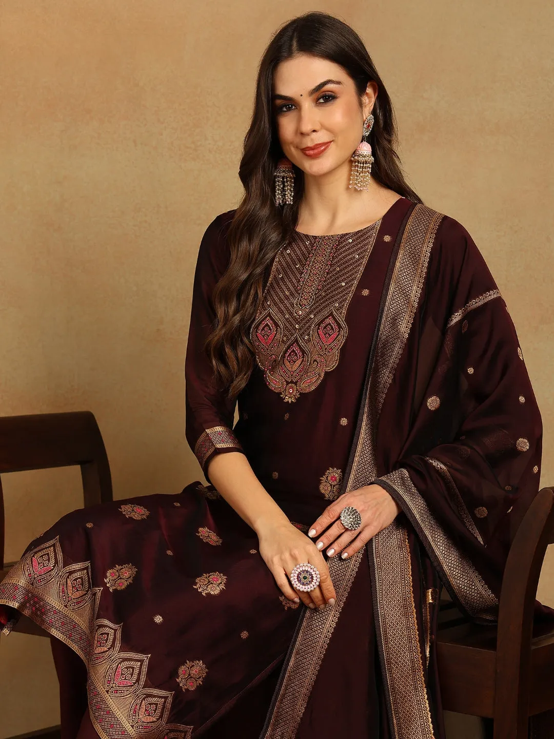 Ahika Women Purple Chanderi Silk Solid Woven Design Straight Kurta Trousers With Dupatta-PKSKD2702