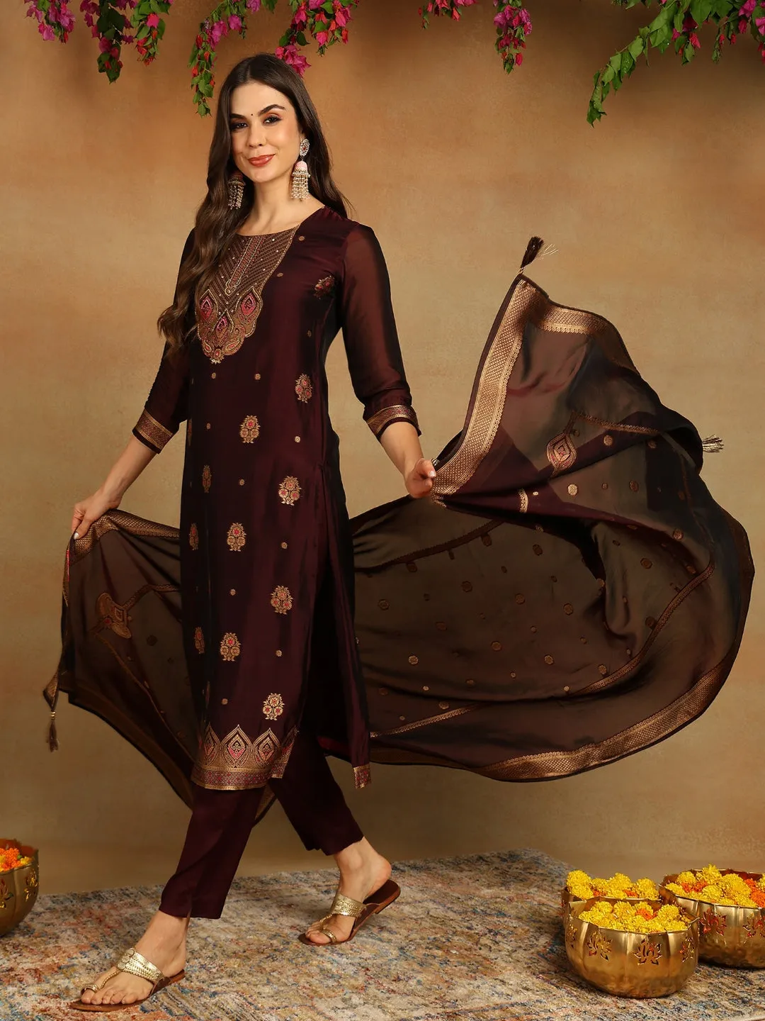Ahika Women Purple Chanderi Silk Solid Woven Design Straight Kurta Trousers With Dupatta-PKSKD2702