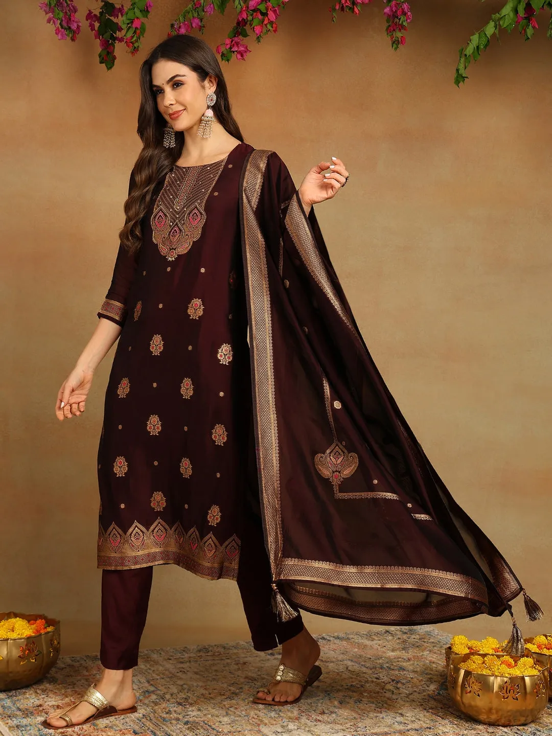 Ahika Women Purple Chanderi Silk Solid Woven Design Straight Kurta Trousers With Dupatta-PKSKD2702