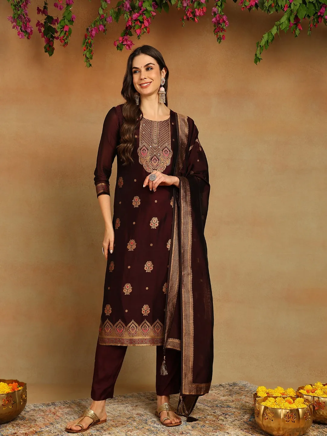 Ahika Women Purple Chanderi Silk Solid Woven Design Straight Kurta Trousers With Dupatta-PKSKD2702