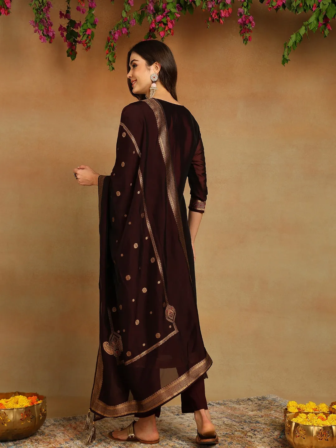Ahika Women Purple Chanderi Silk Solid Woven Design Straight Kurta Trousers With Dupatta-PKSKD2702