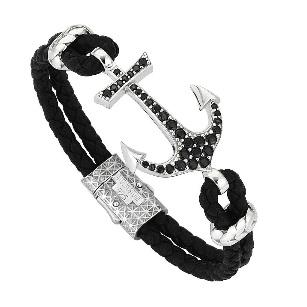 Anchor Leather Bracelet - Silver
