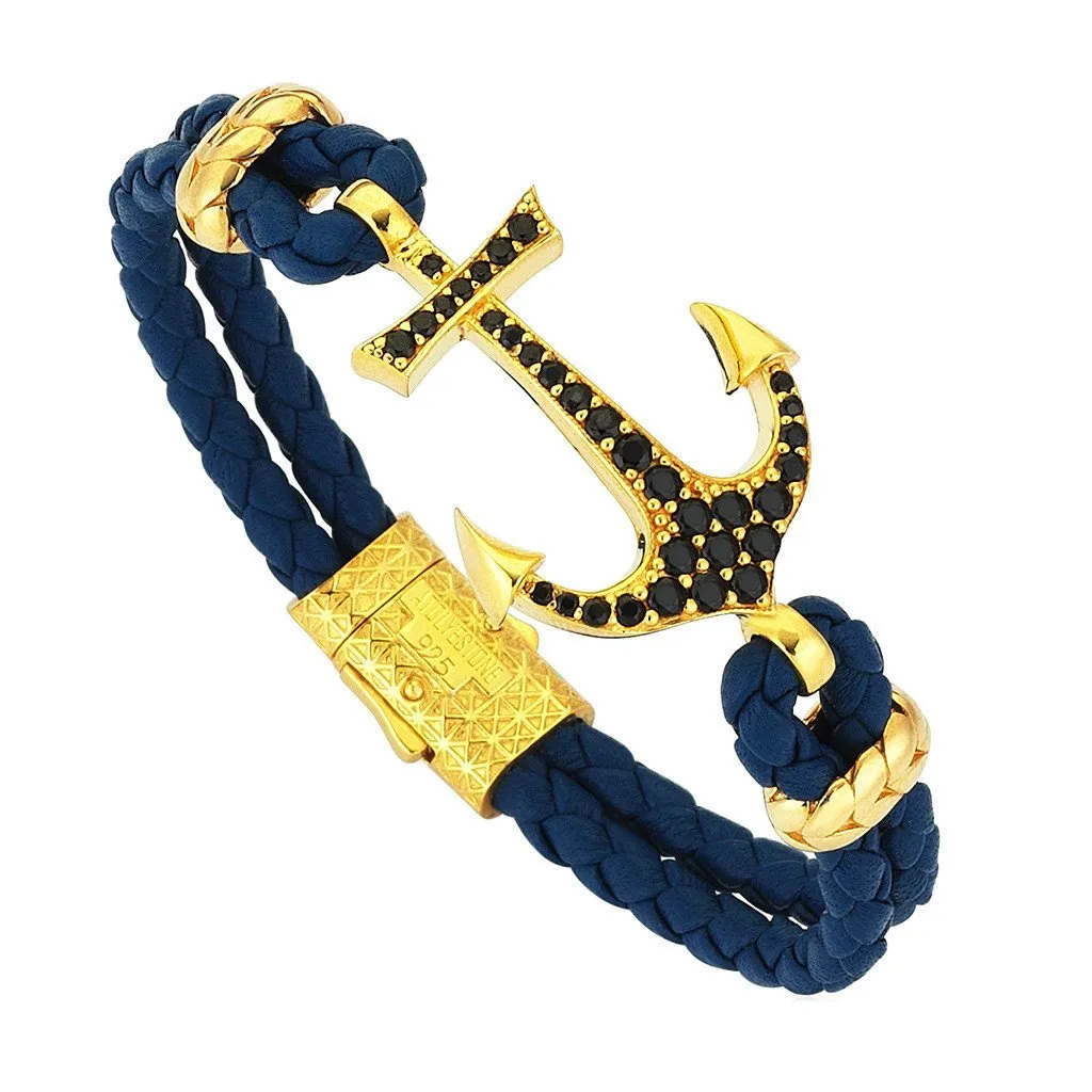 Anchor Leather Bracelet - Silver