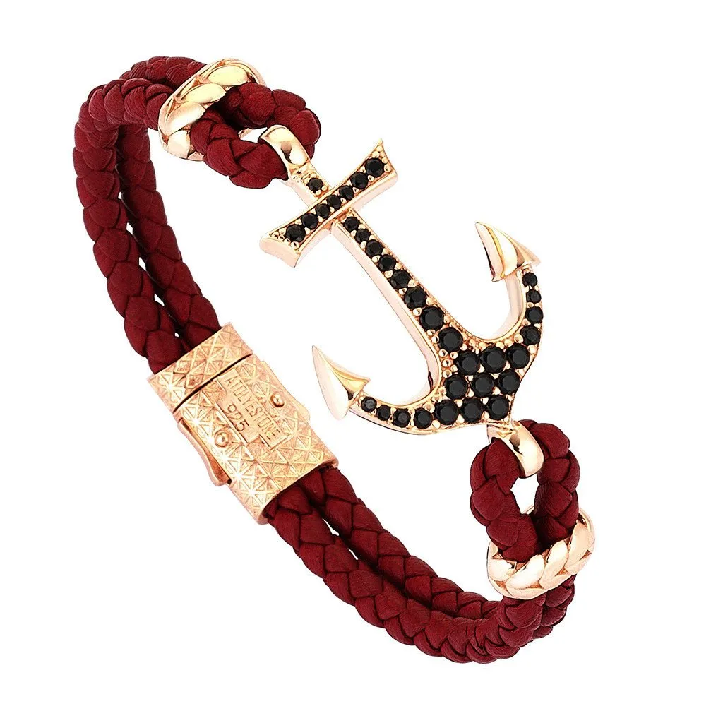 Anchor Leather Bracelet - Silver