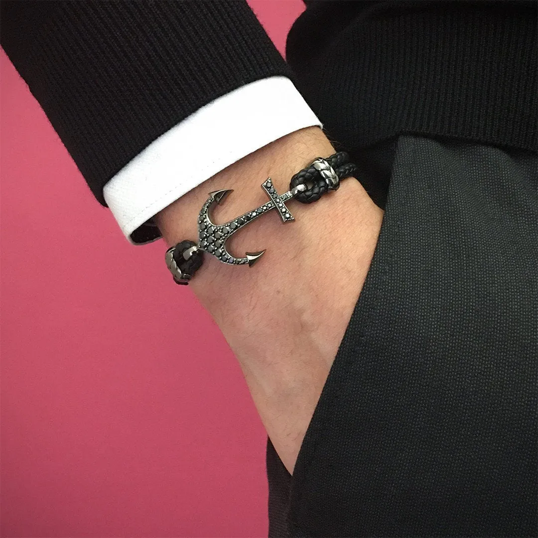 Anchor Leather Bracelet - Silver