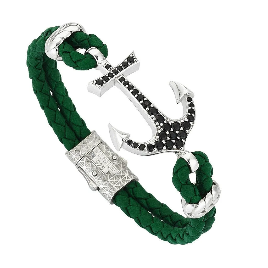 Anchor Leather Bracelet - Silver