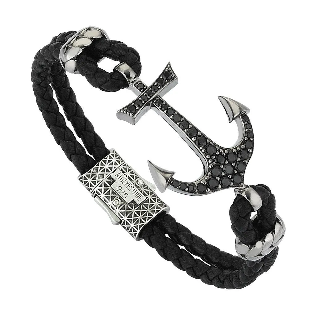 Anchor Leather Bracelet - Silver