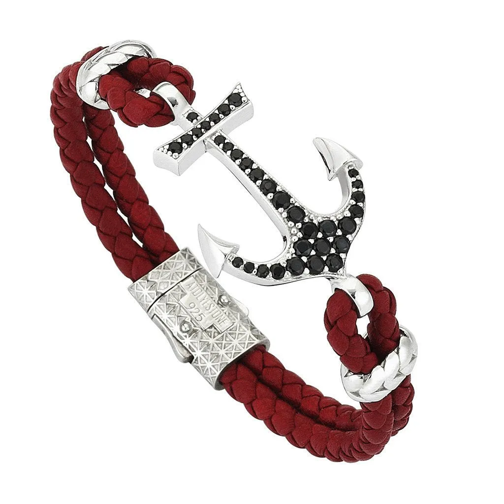 Anchor Leather Bracelet - Silver