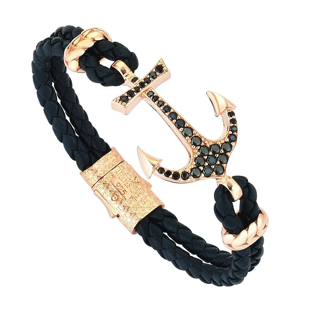 Anchor Leather Bracelet - Silver