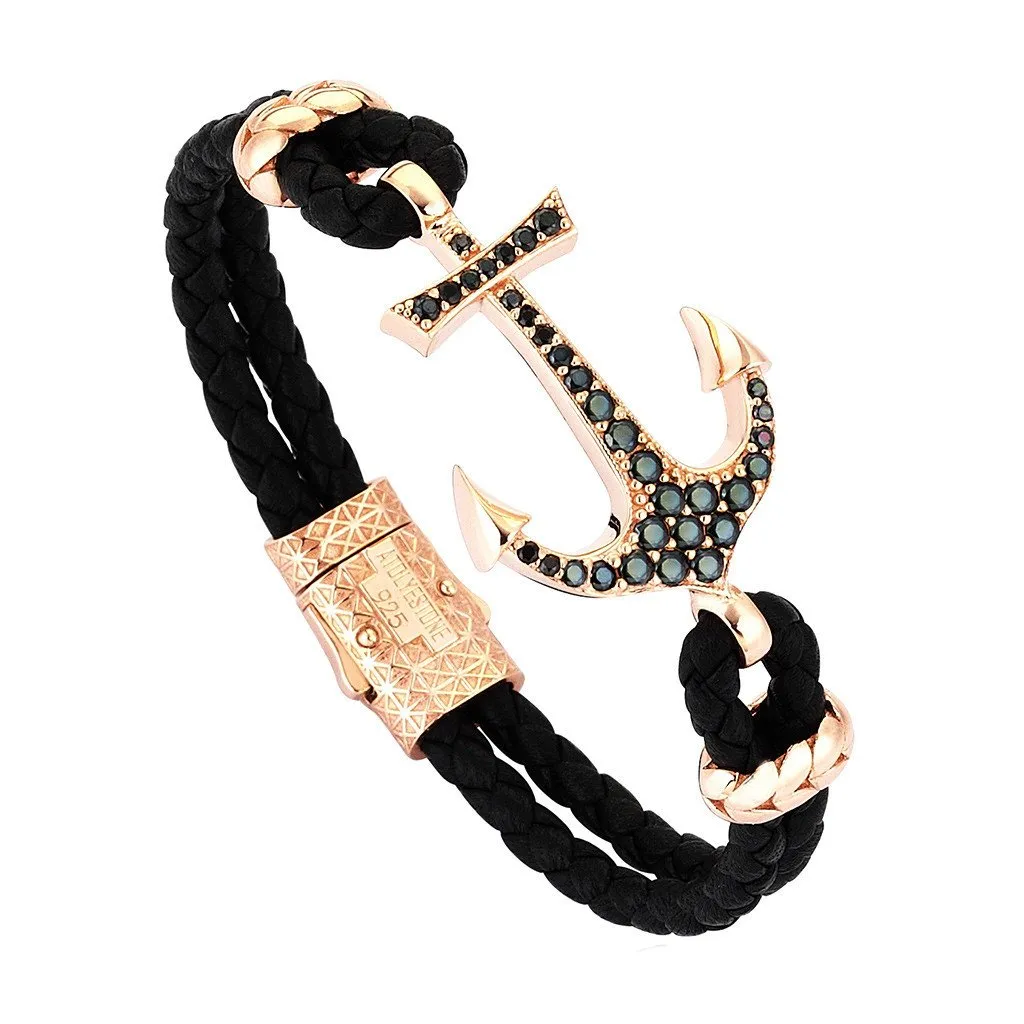 Anchor Leather Bracelet - Silver