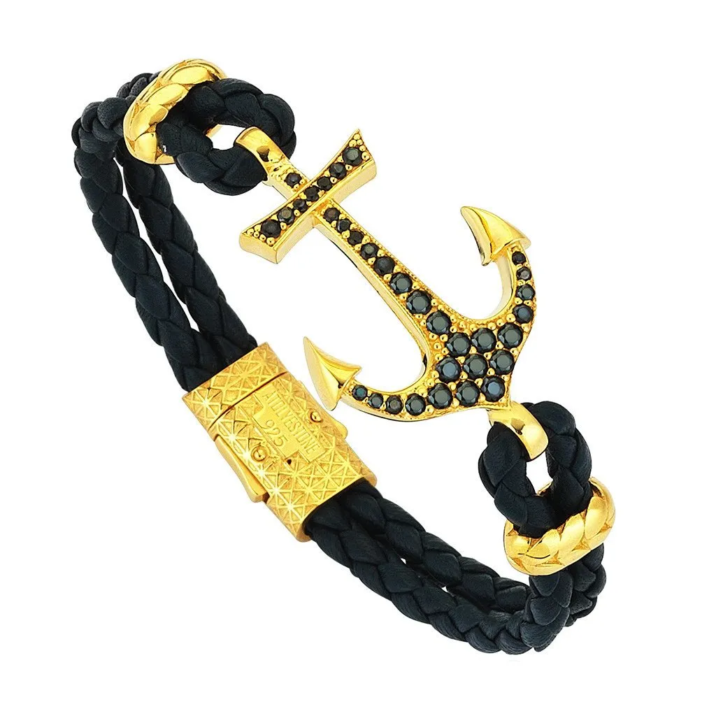 Anchor Leather Bracelet - Silver
