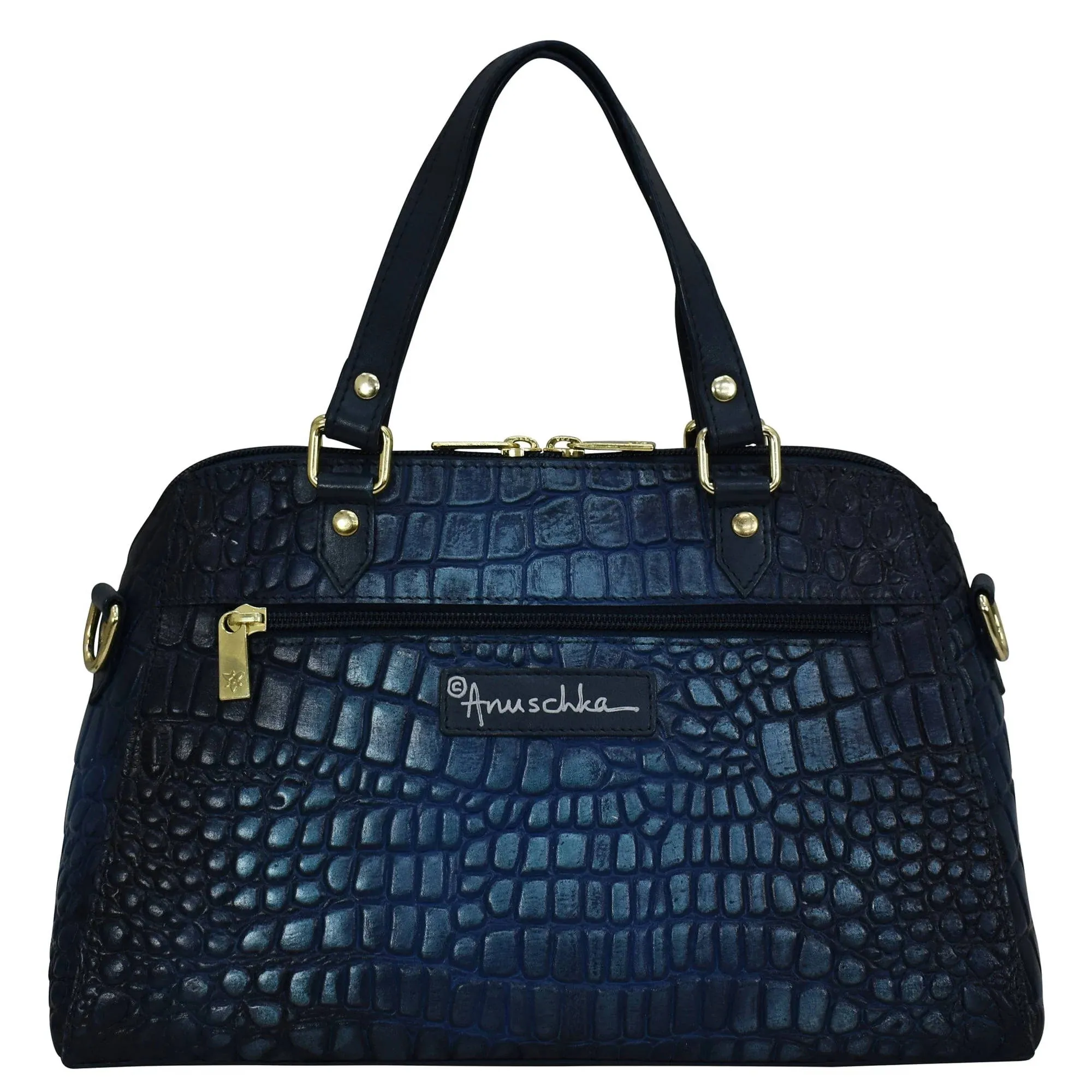 Anuschka Wide Organizer Satchel Croc Embossed Sapphire