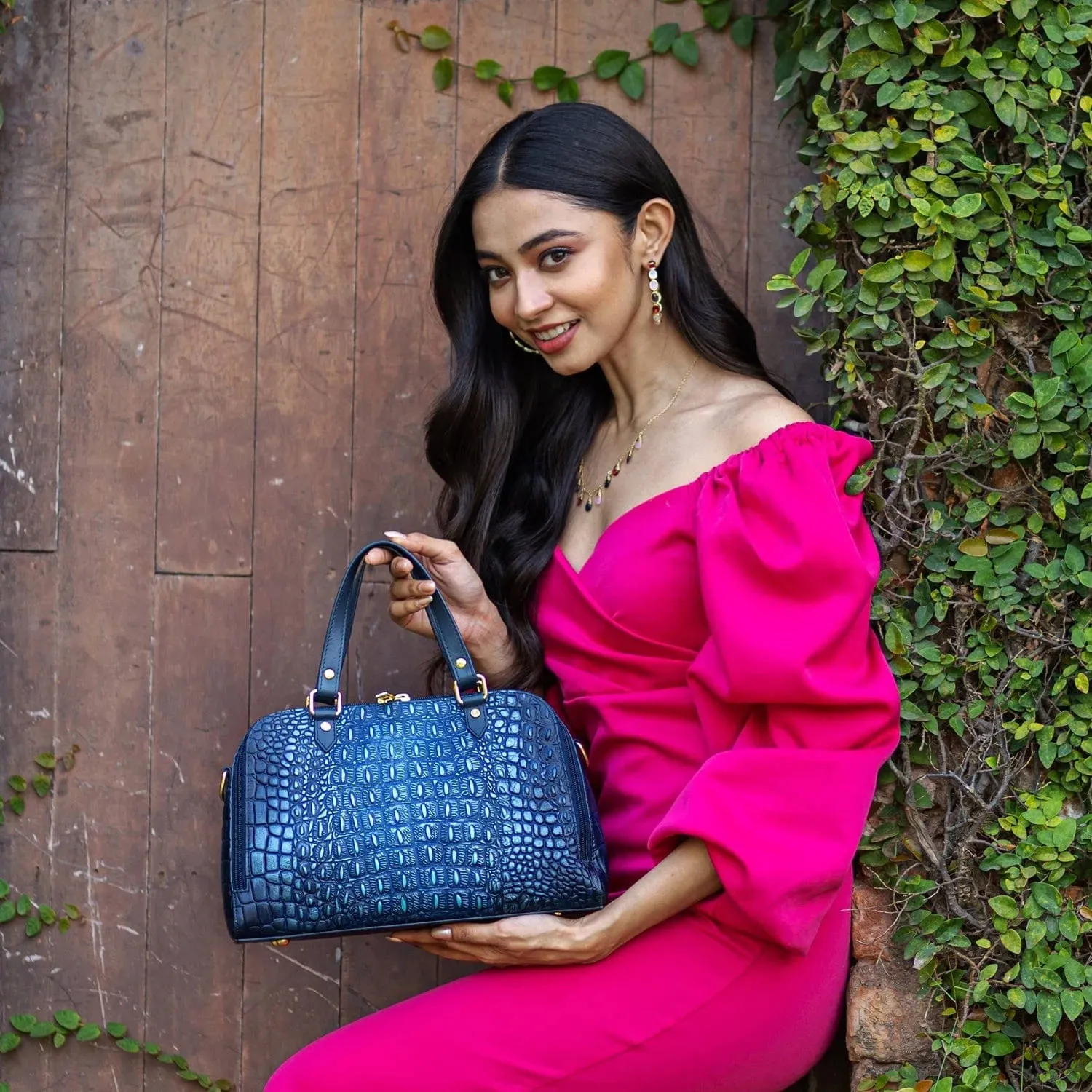 Anuschka Wide Organizer Satchel Croc Embossed Sapphire