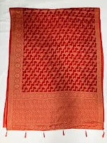 Attractive Red Color Georgette Designer Saree With Flower Motifs And Fancy Tassels