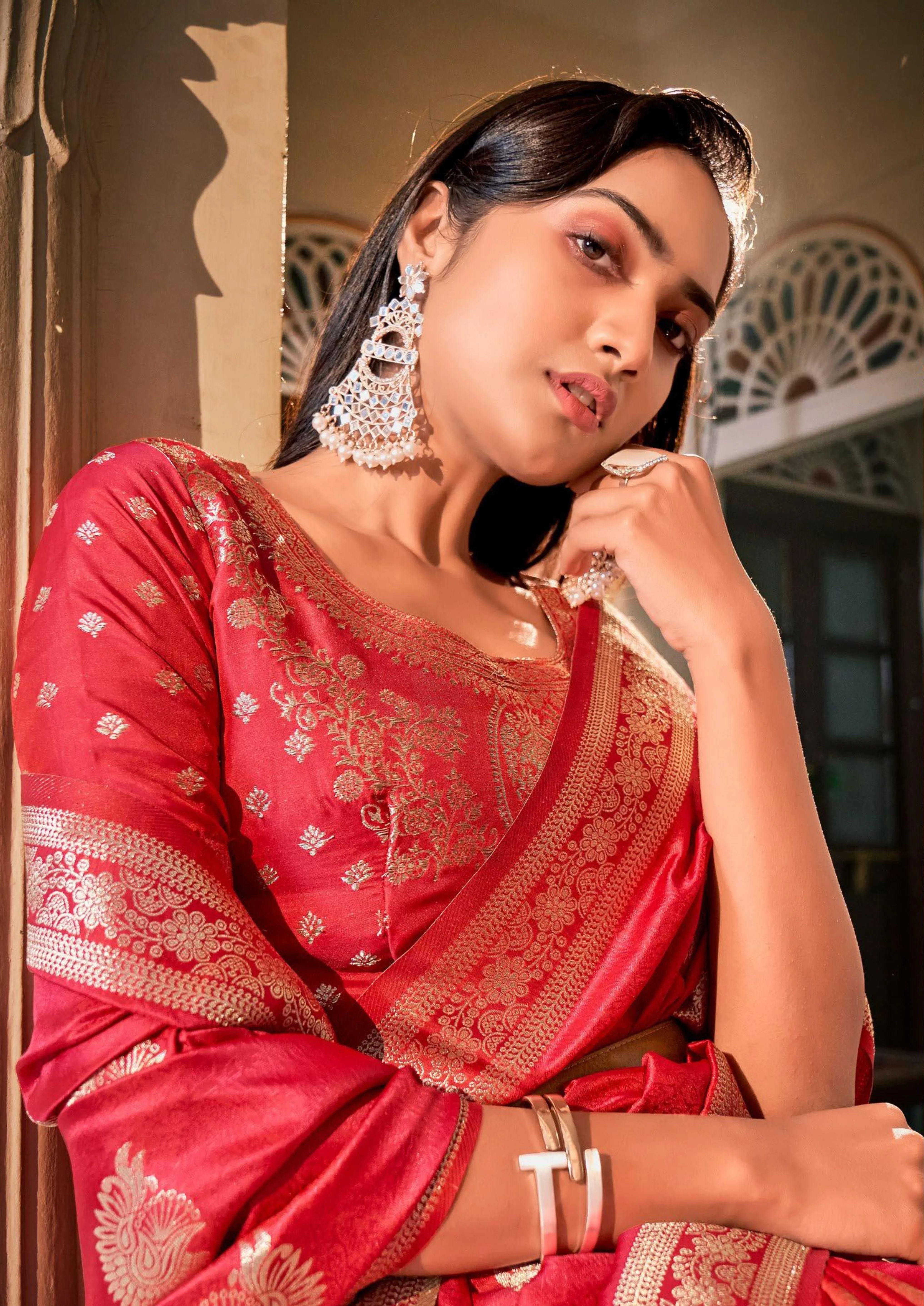 Attractive Satrani Art Silk Dark Red Color Saree with Blouse piece