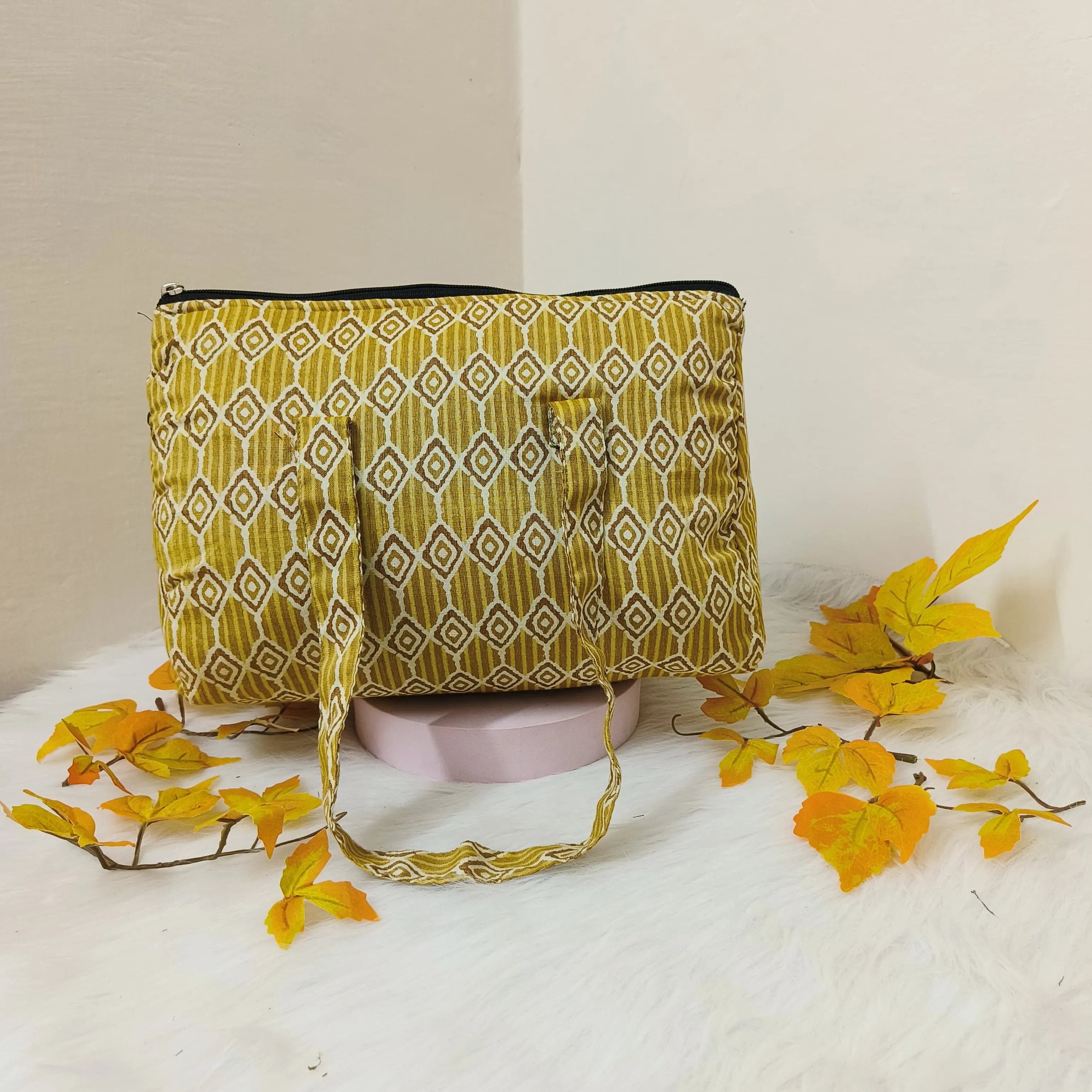 Barrel Handbags Yellow Diamond And Stripes Design.