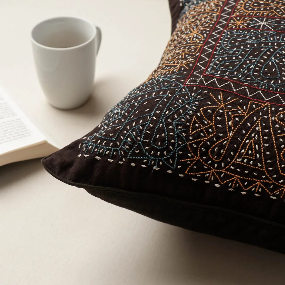 Black - Kala Raksha Rabari Bakhiya Hand Embroidered Pure Cotton Cushion Cover