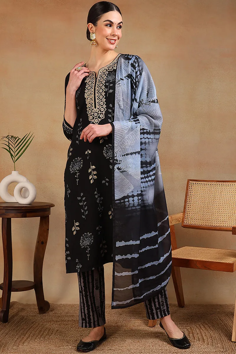 Black Rayon Floral Printed Yoke Design Straight Suit Set