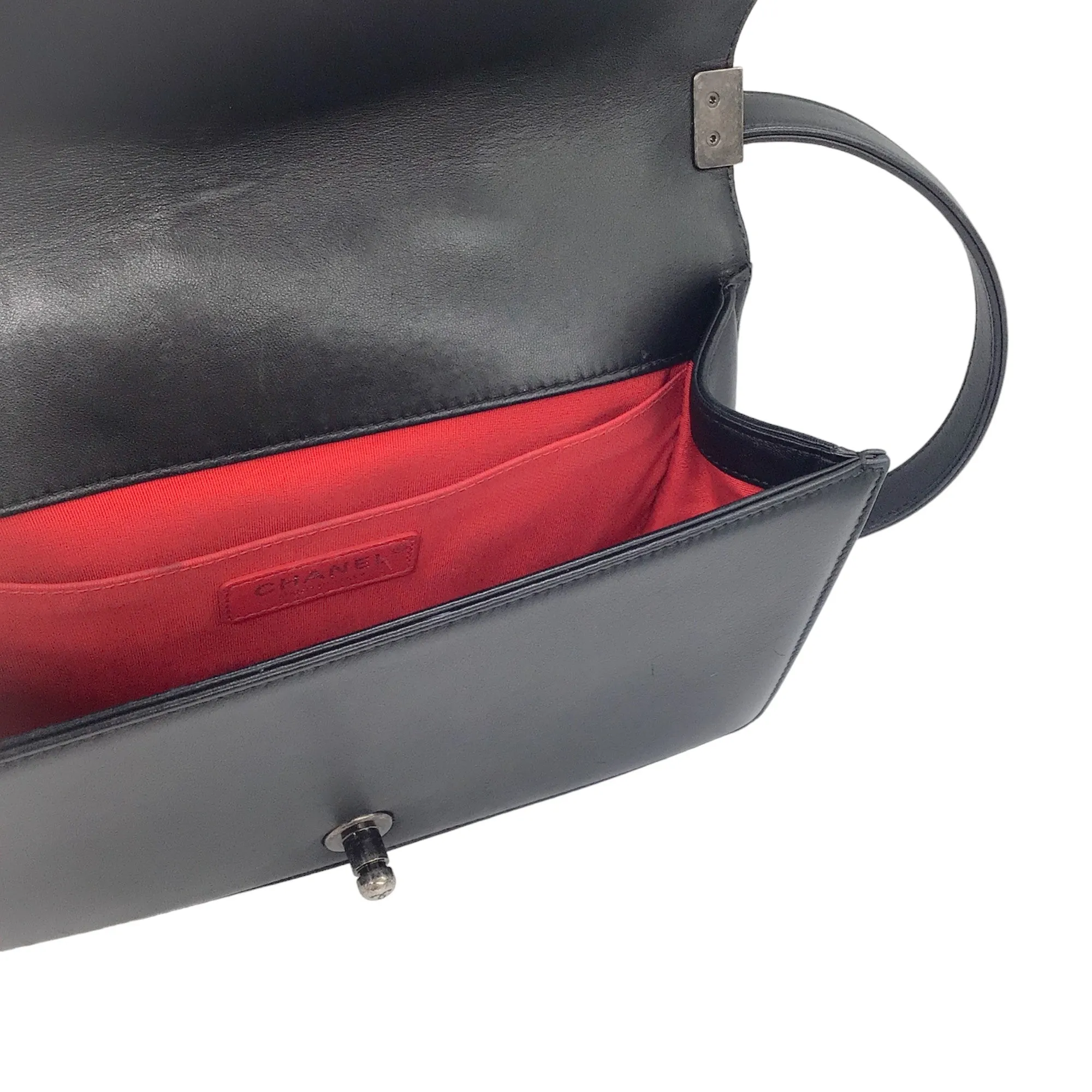 Chanel Black / Ivory / Red Logo Ribbon and Tweed Quilted Lambskin Leather Medium Boy Flap Bag