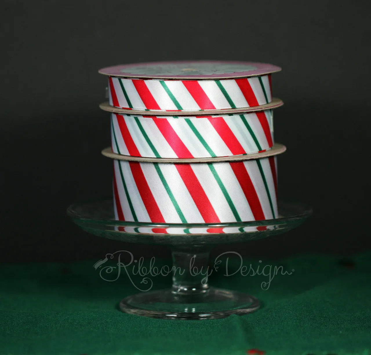 Christmas Ribbon Candy Cane Stripes Red and Green on 7/8" White Single Face Satin ribbon