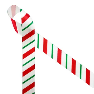 Christmas Ribbon Candy Cane Stripes Red and Green on 7/8" White Single Face Satin ribbon