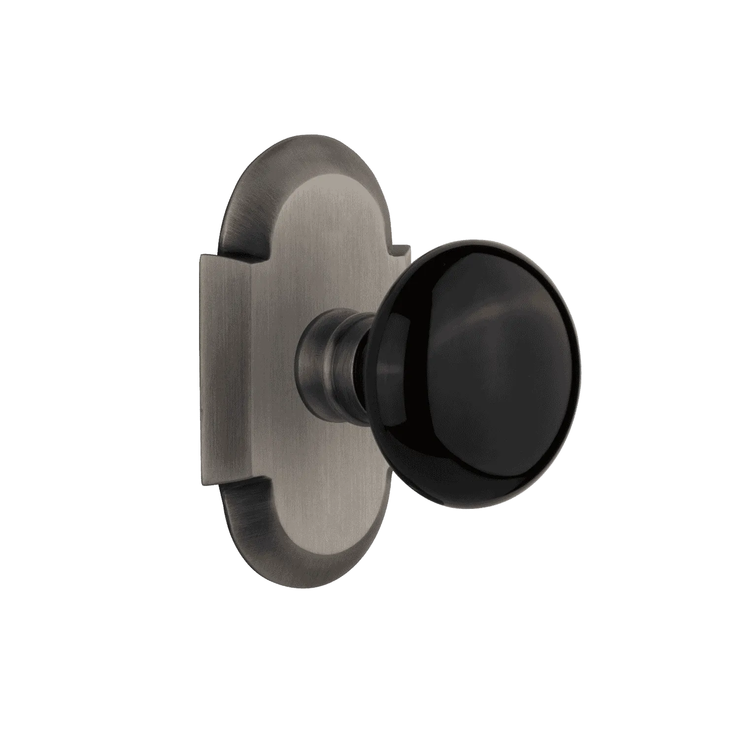 Cottage Short Plate with Black Porcelain Knob in Antique Pewter