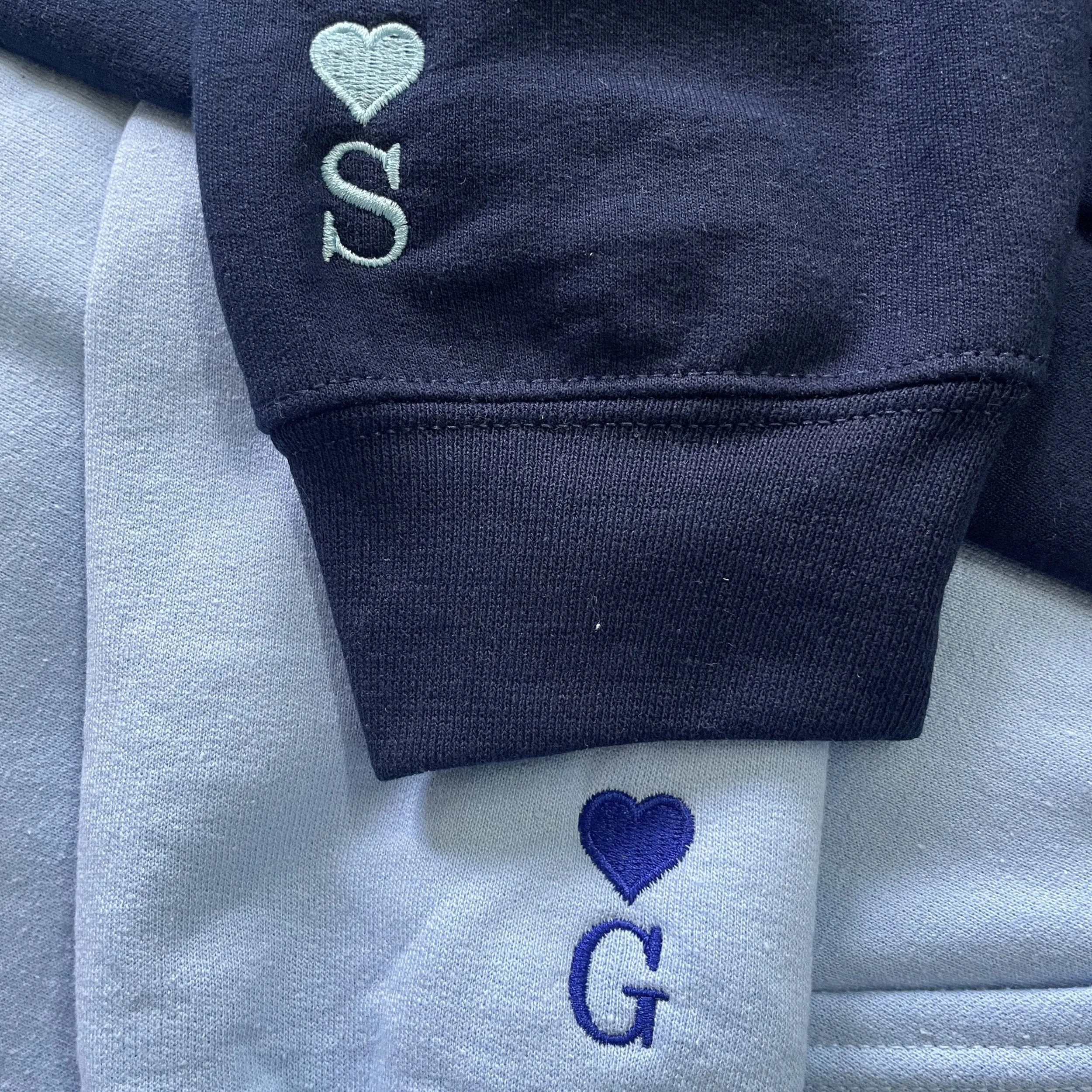 Couple Duck Sweatshirt or Hoodie with Custom Embroidered Initial Heart on Sleeve