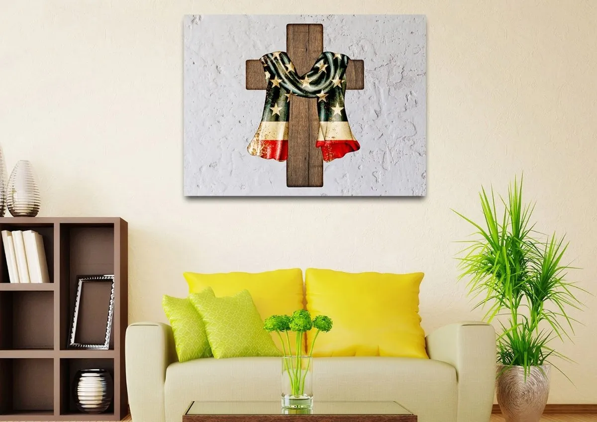 Draped Cross American Flag Patriotic Wall Art - Christian Canvas Wall Art