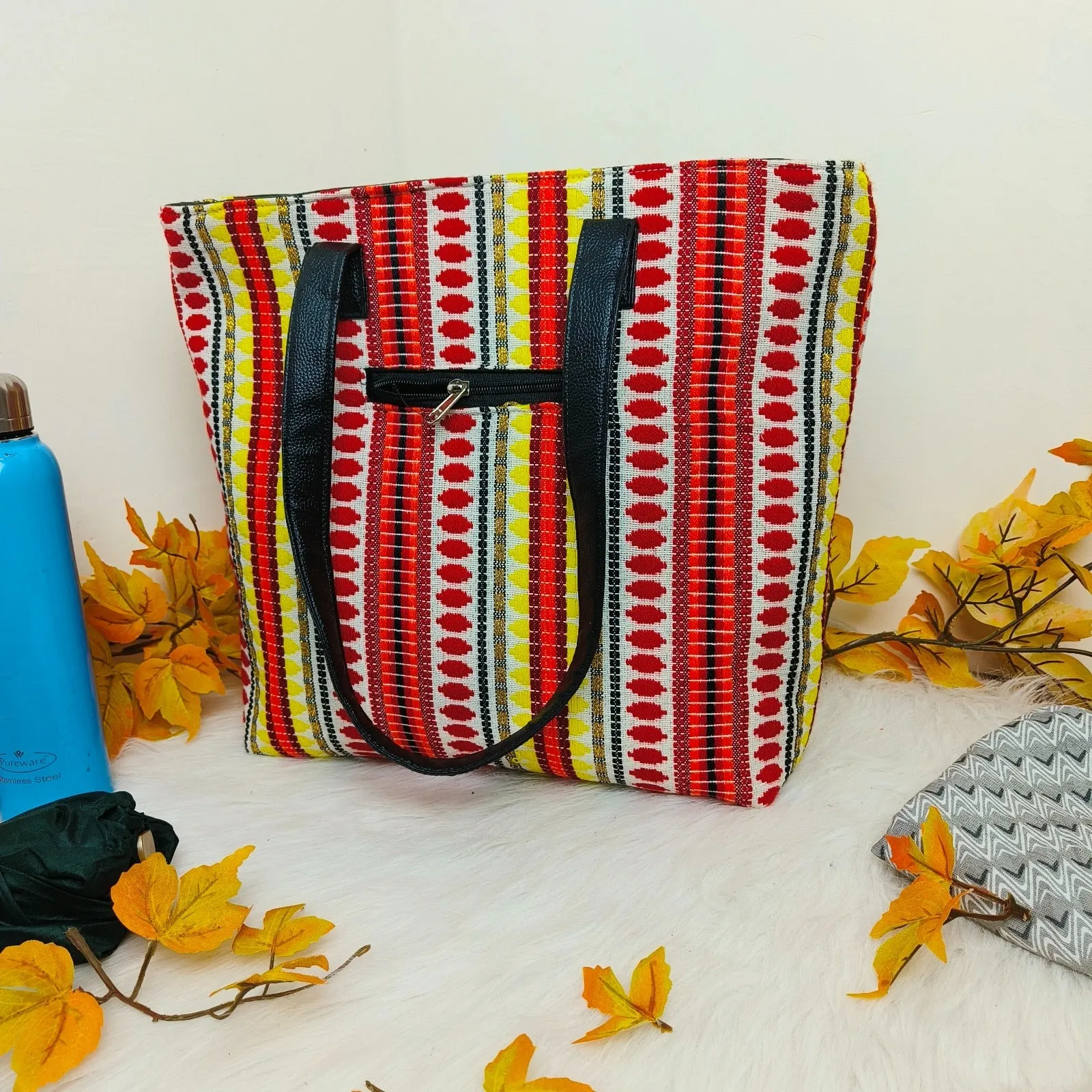 Dual Zip Fusion Tote Orange and yellow Southwestern Pattern Prints