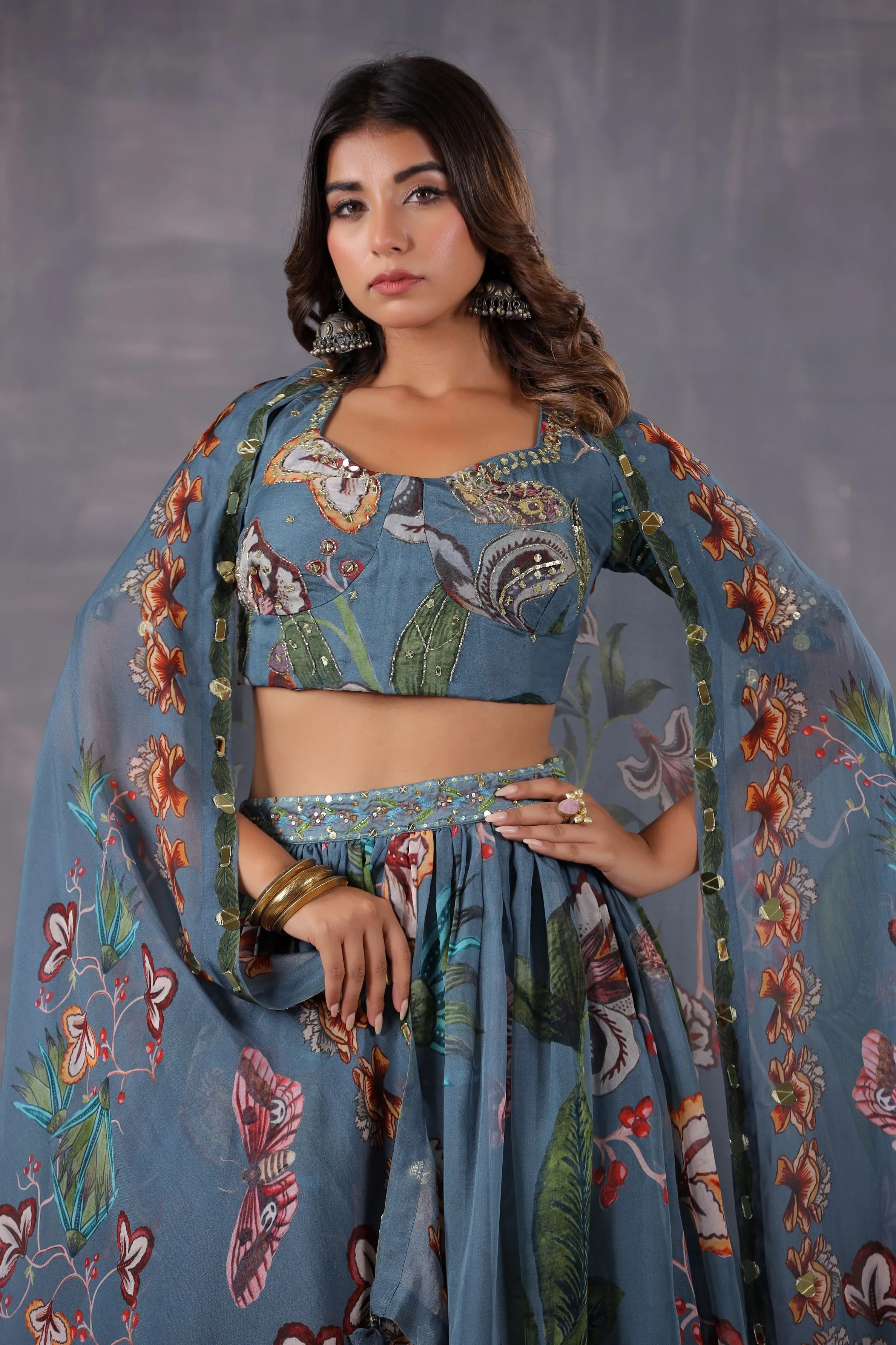 Dusty Teal Floral Printed Tissue Organza Silk Lehenga Set
