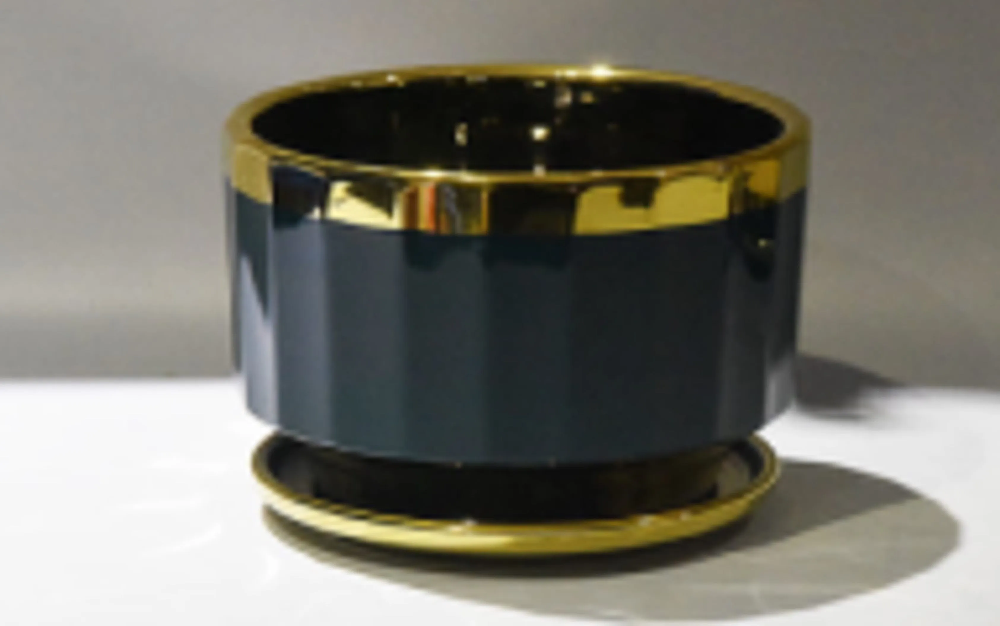 Elegant Dark Green Ceramic Planter with Gold Rim - Faceted Design