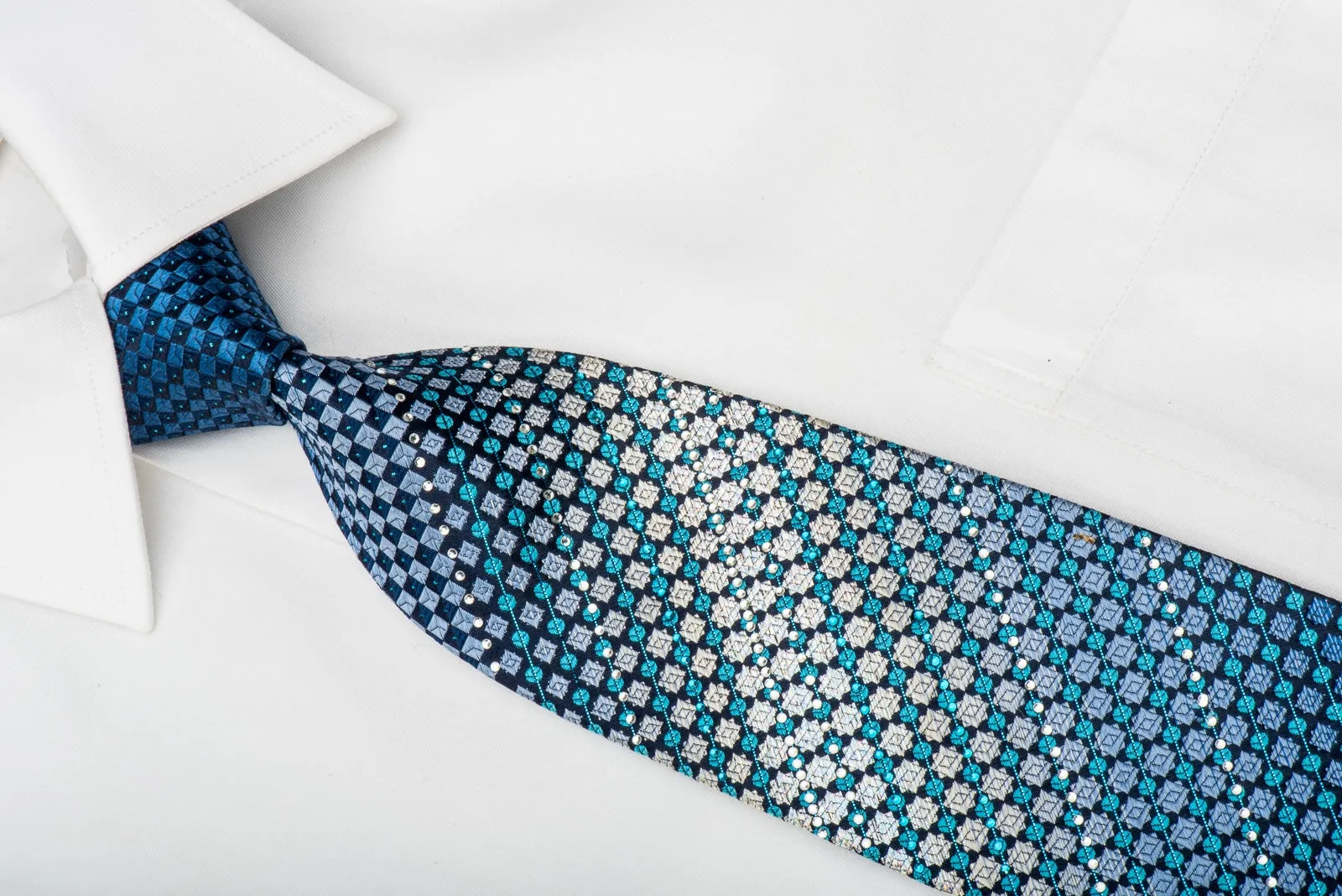 GGio Rhinestone Silk Tie Geometric On Blue With Blue Sparkles