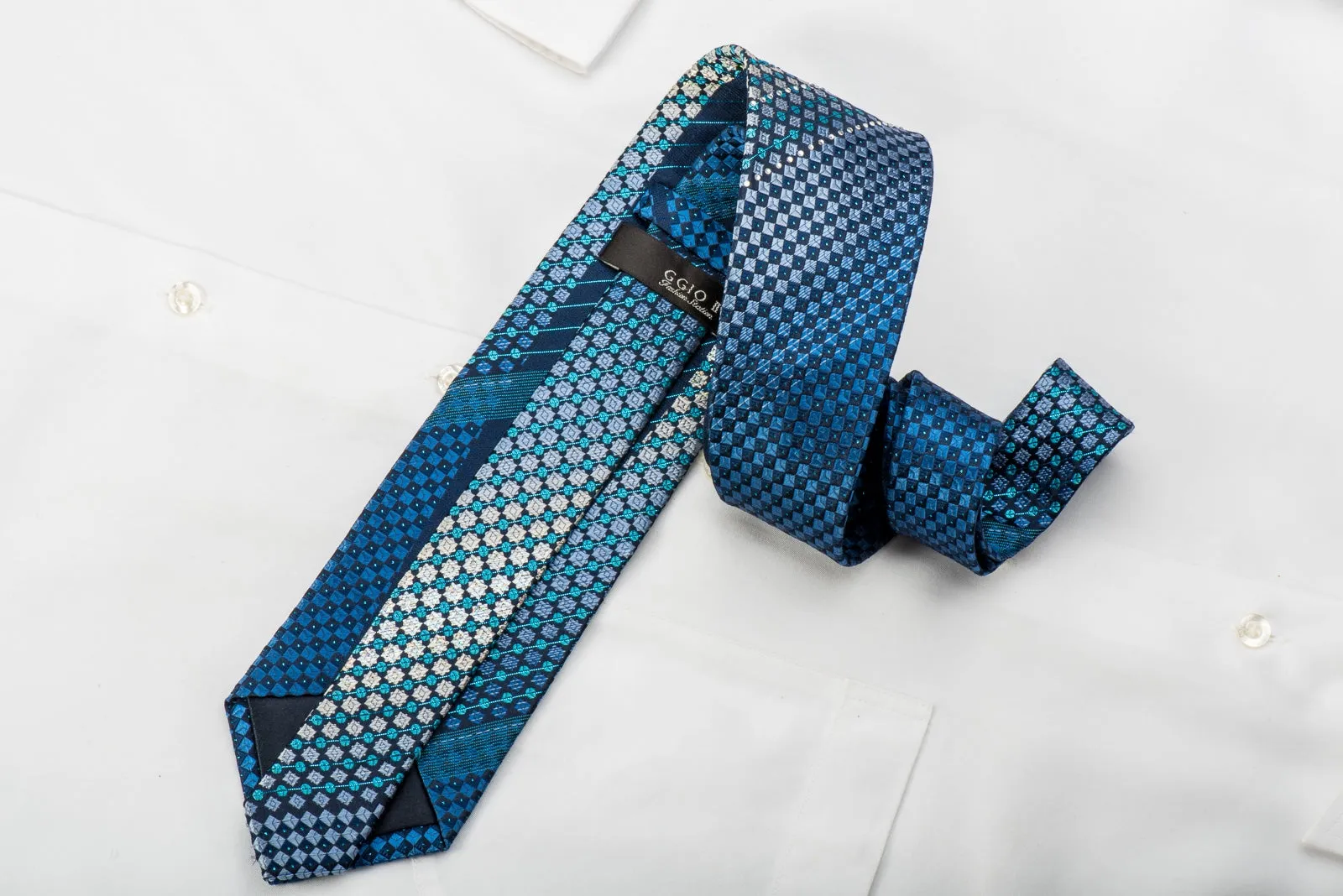 GGio Rhinestone Silk Tie Geometric On Blue With Blue Sparkles