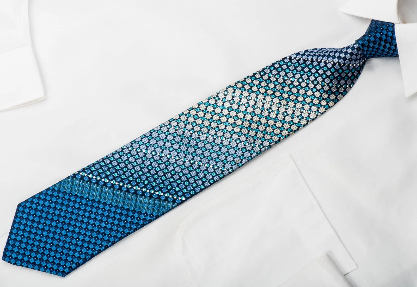 GGio Rhinestone Silk Tie Geometric On Blue With Blue Sparkles