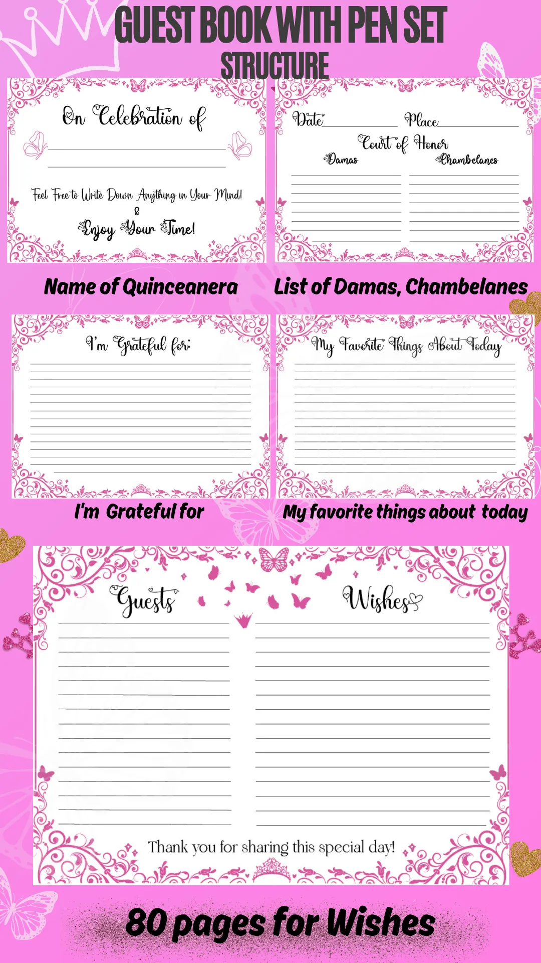 Gold quinceanera guest book with pen