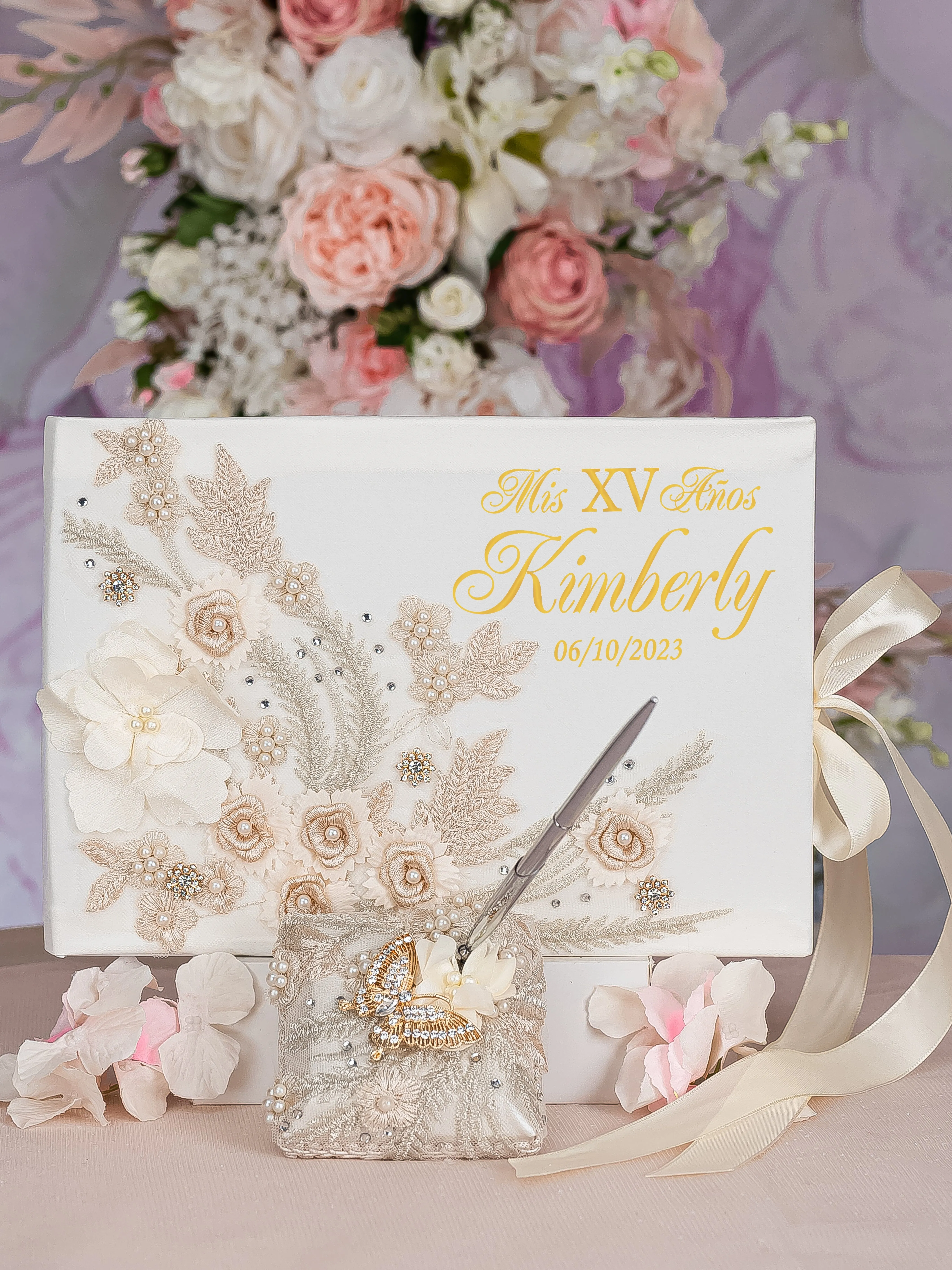 Gold quinceanera guest book with pen