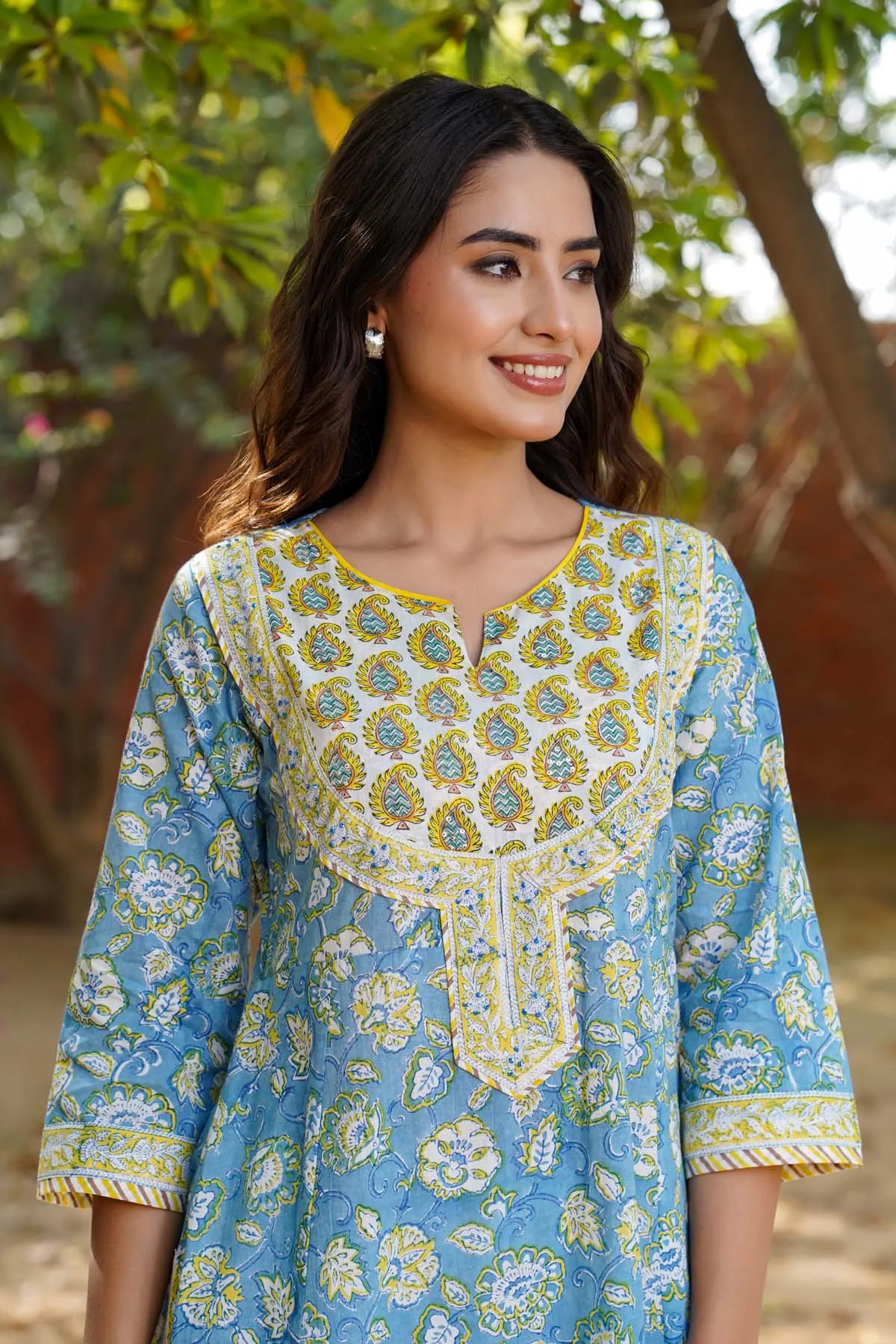 Hand block printed Kalidaar Kurta/Dupatta Set In Sky Blue Color