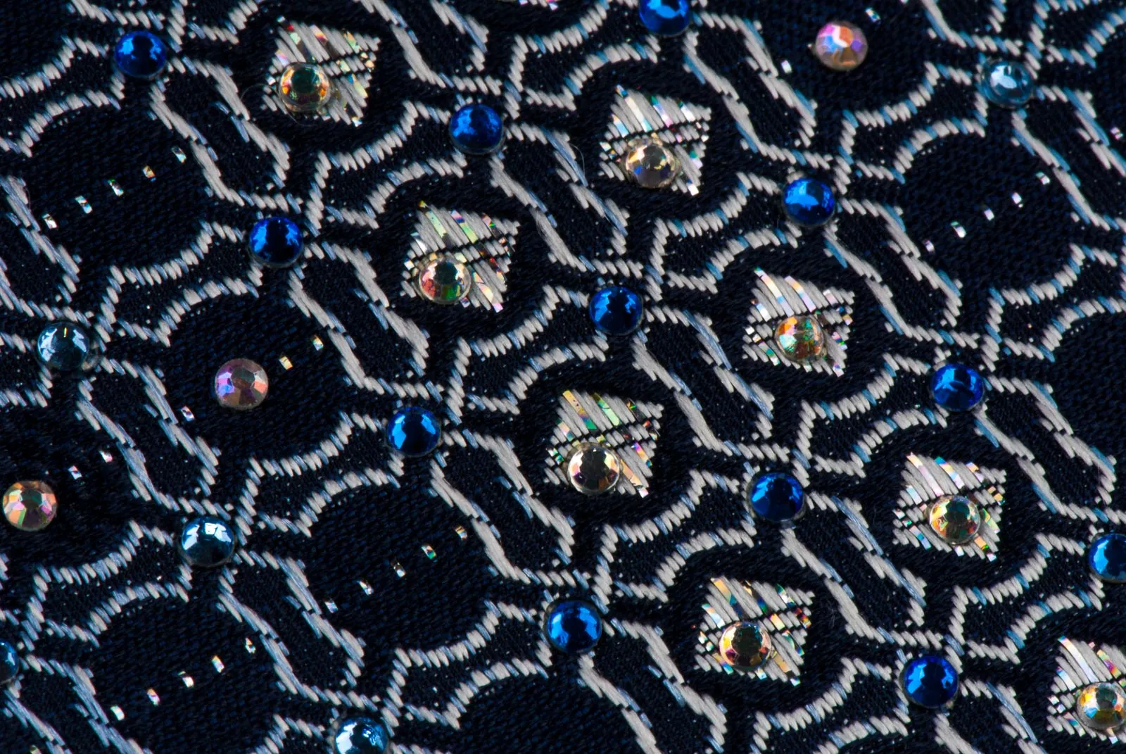 Indian Homme Rhinestone Neck Tie Trellis on Navy Blue Silk With Silver Sparkles