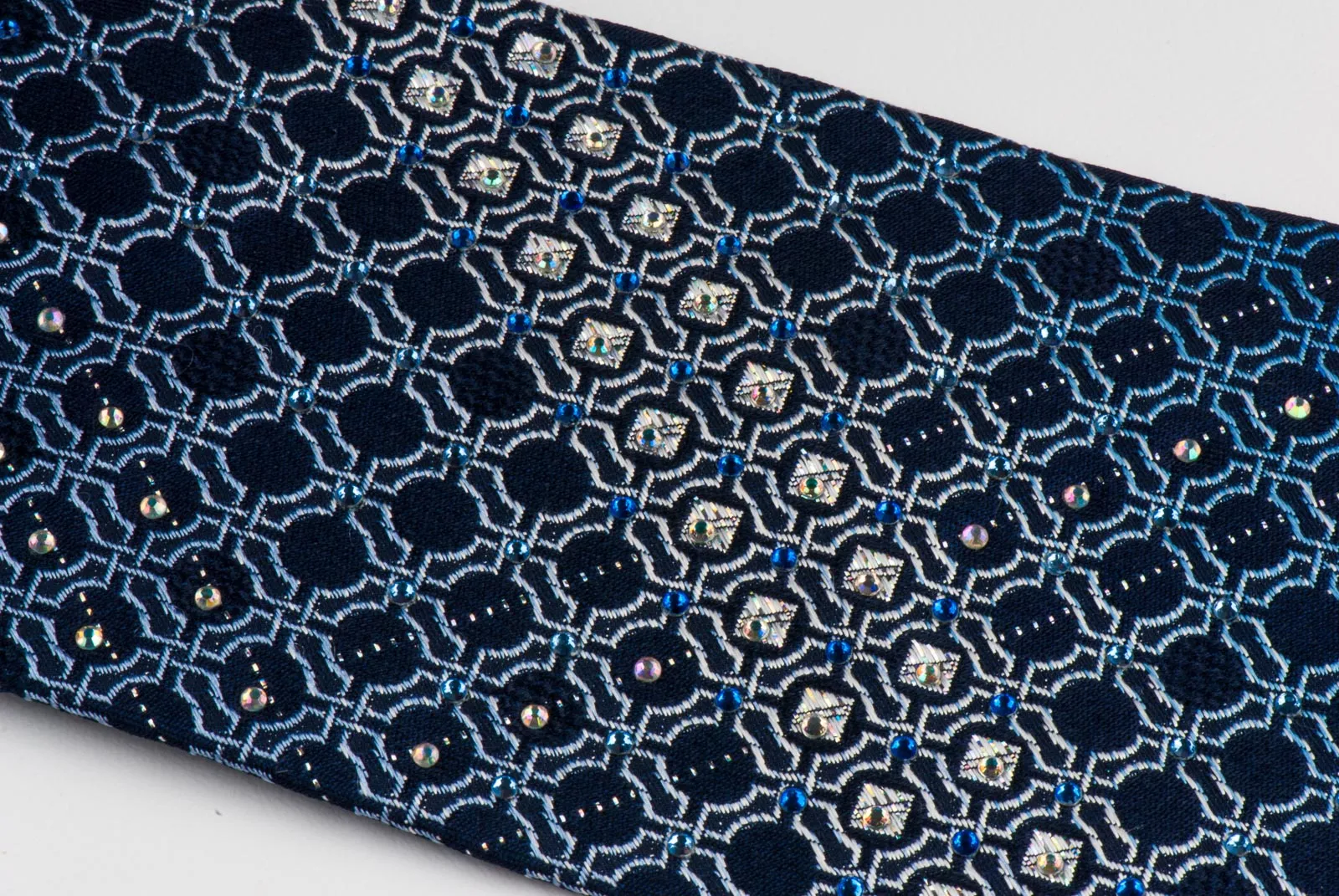 Indian Homme Rhinestone Neck Tie Trellis on Navy Blue Silk With Silver Sparkles