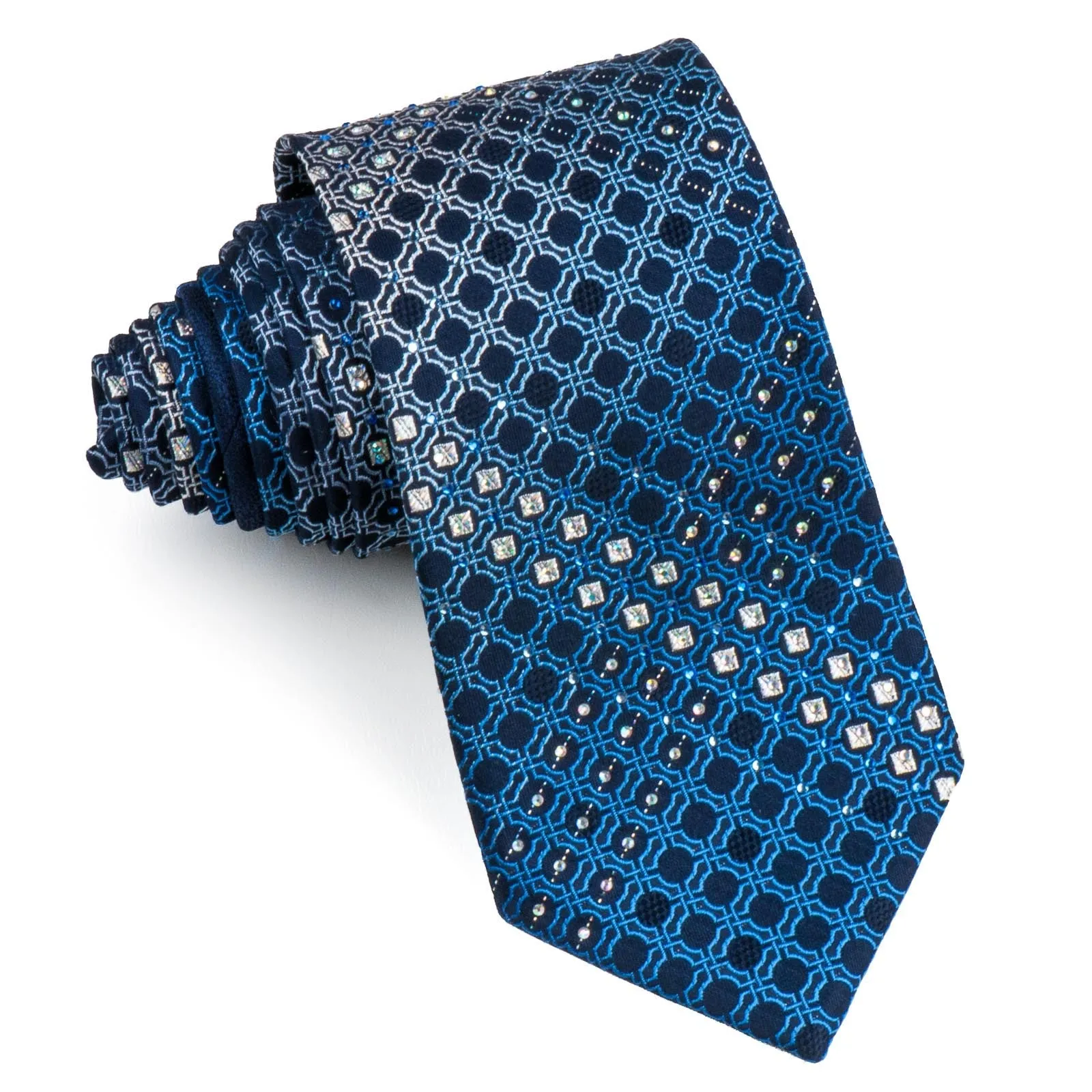 Indian Homme Rhinestone Neck Tie Trellis on Navy Blue Silk With Silver Sparkles