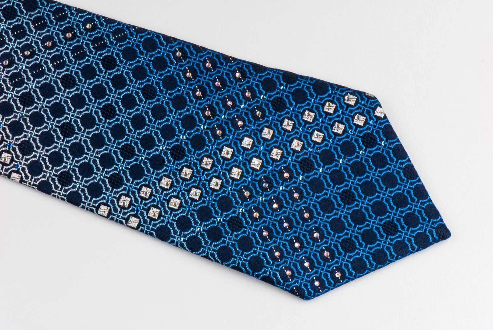 Indian Homme Rhinestone Neck Tie Trellis on Navy Blue Silk With Silver Sparkles