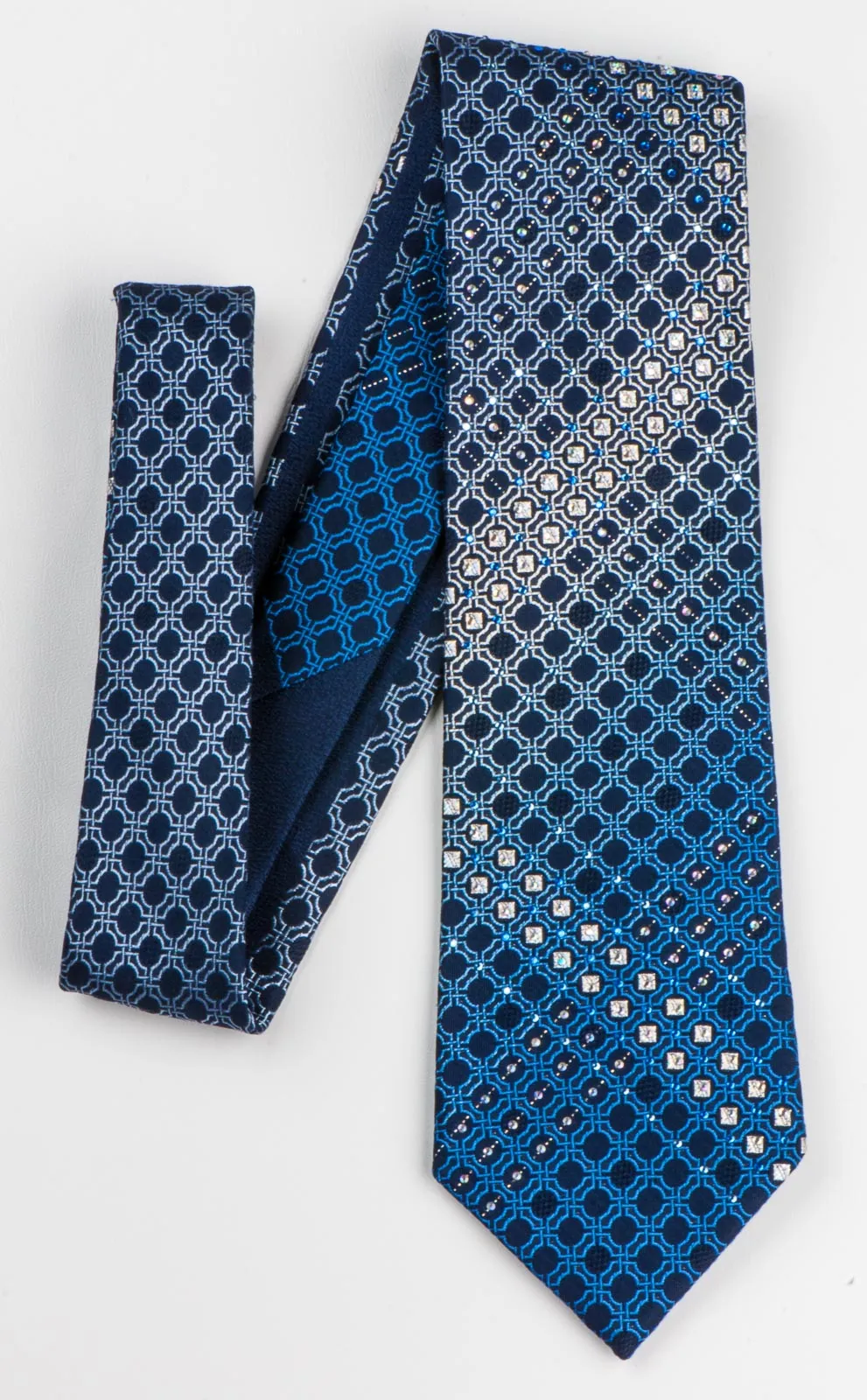 Indian Homme Rhinestone Neck Tie Trellis on Navy Blue Silk With Silver Sparkles