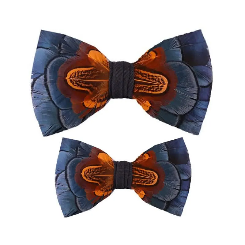 Kid's Navy & Rust Feather Bow Tie with Lapel Pin