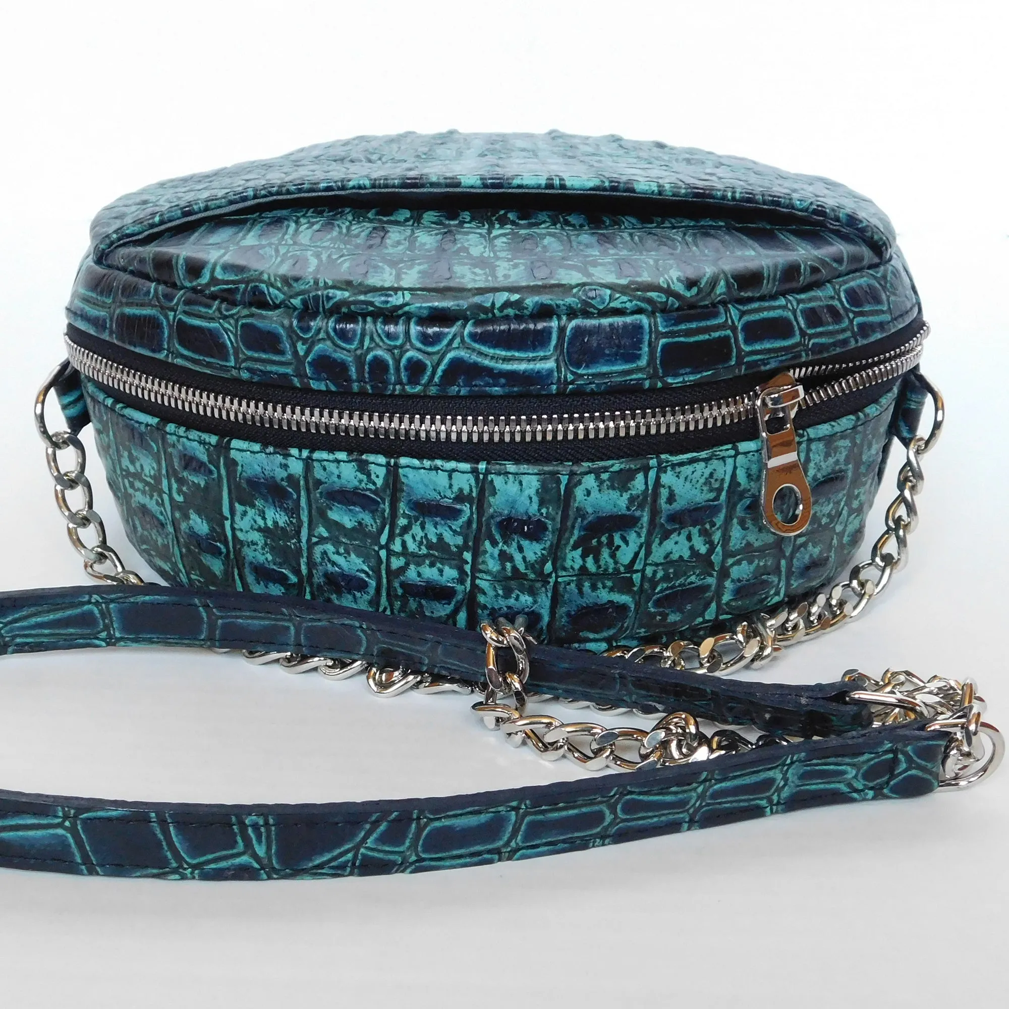 Leather Circle Crossbody Purse - Ocean Blue