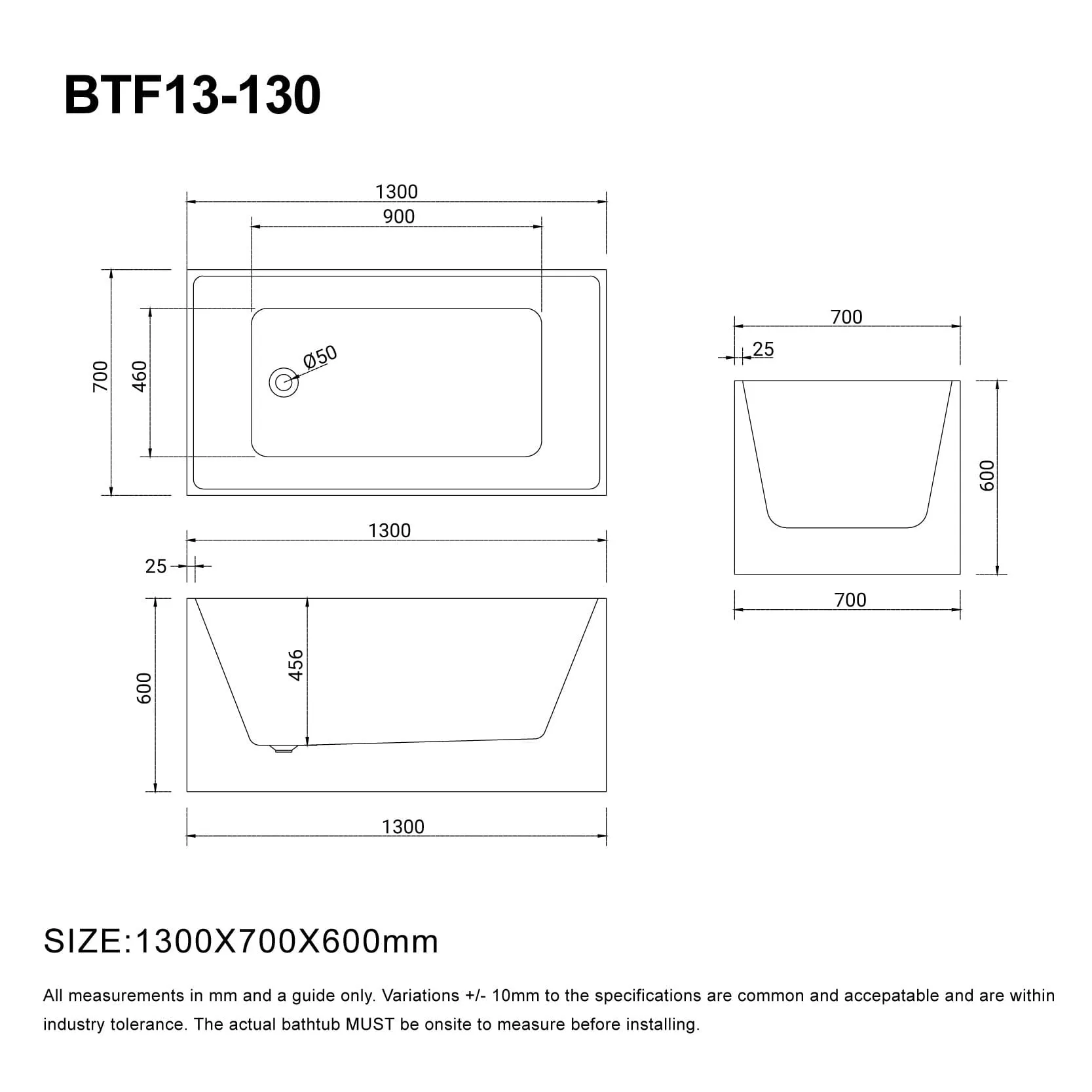 LEX 1300mm Square Freestanding Bath Gloss White
