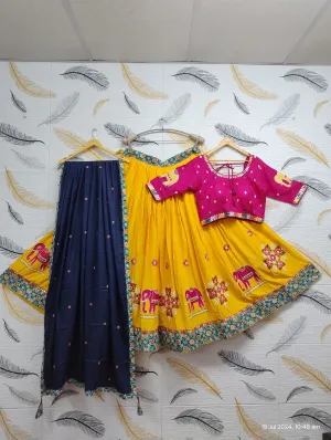 Lovely Yellow Color Elephant Design Embroidery Work Chaniya Cholis For Women