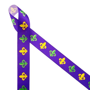 Mardi Gras ribbon with French fleur de lIs in green and yellow on a purple background printed on 7/8" white single face satin